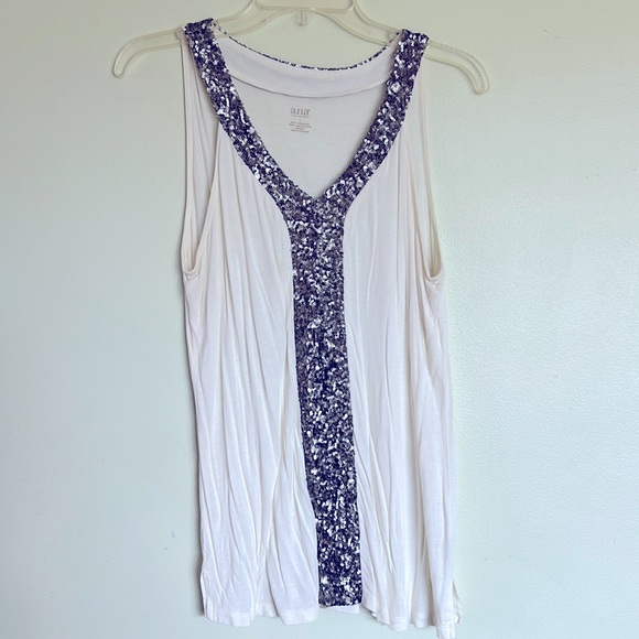 a.n.a Brand Sleeveless Tee Tank Top with Sliver Beaded Neckline and front. - Picture 1 of 8